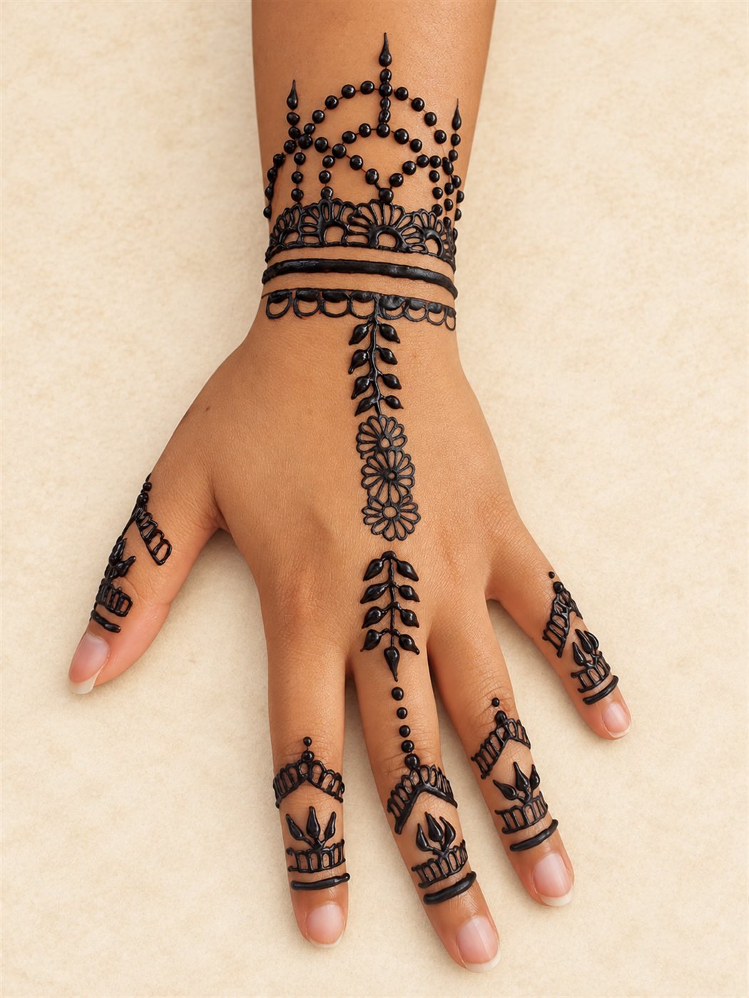 Henna met bloemen, bladeren en sierlijke polsbanden
