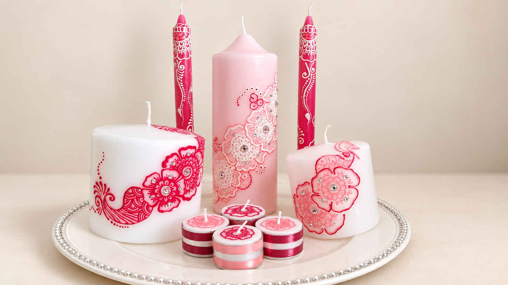 Roze en witte henna kaarsenset met sierstenen