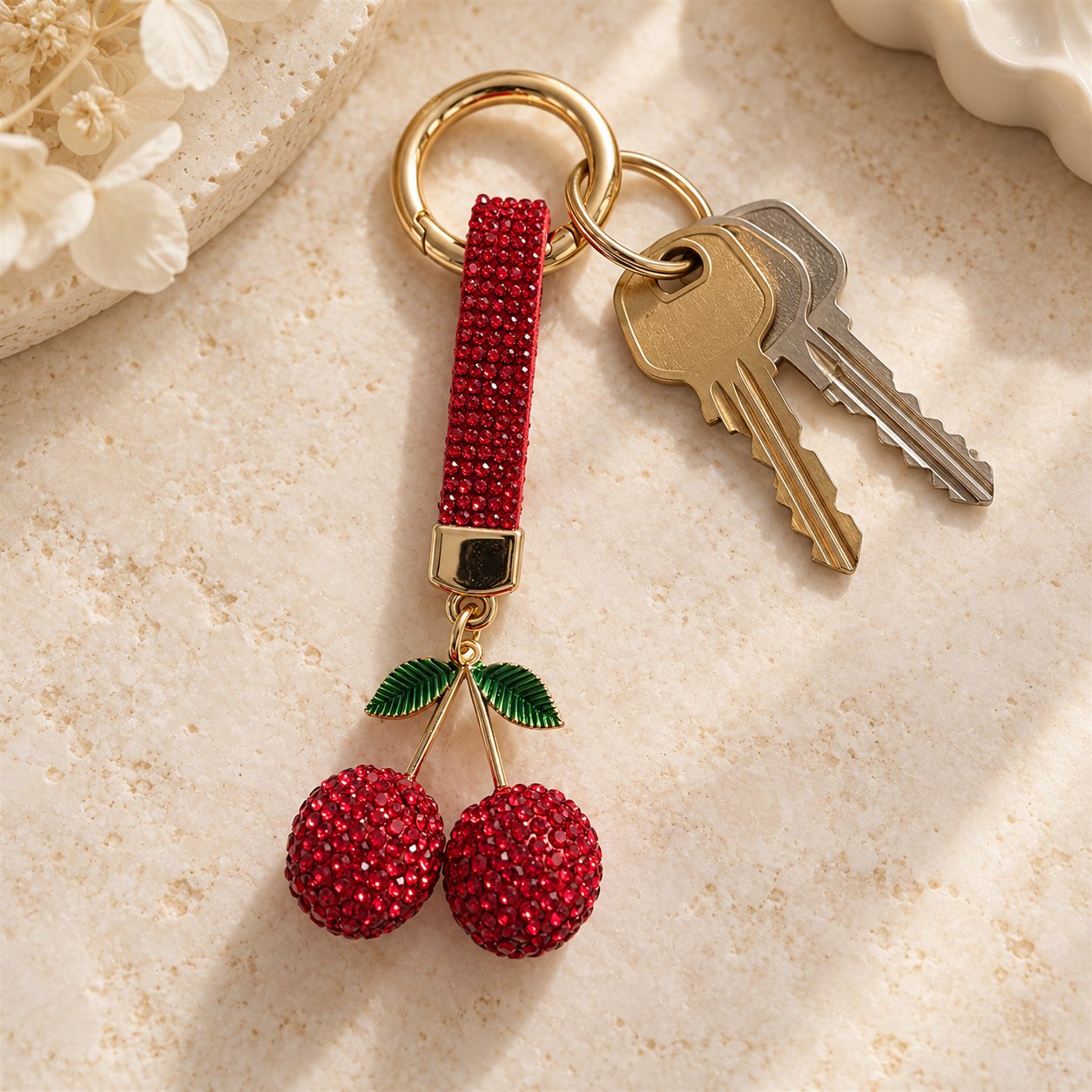 Strass-sleutelhanger Kersen — rood